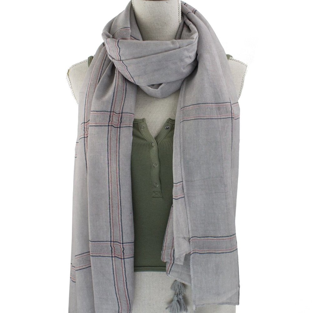 Grey Garment Dye Striped Cotton Wrap Scarf with Tassels